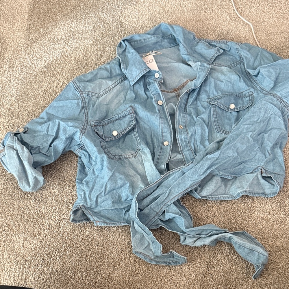 (2) Blue Denim Tie-Front & long sleeve button Shirt